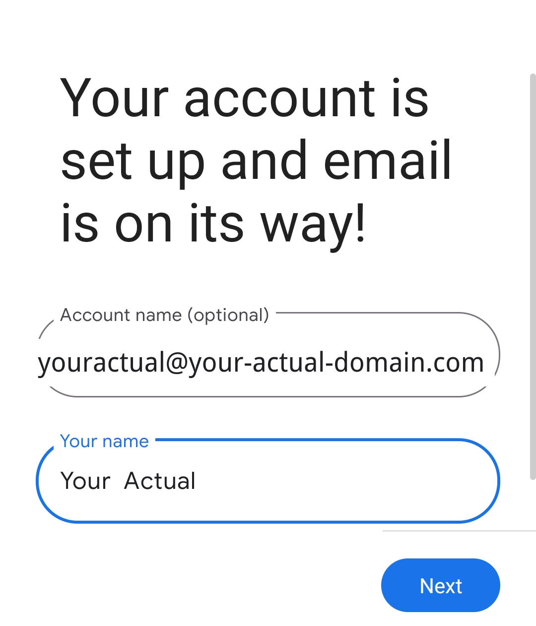 Gmail confirmation that the account is set up
