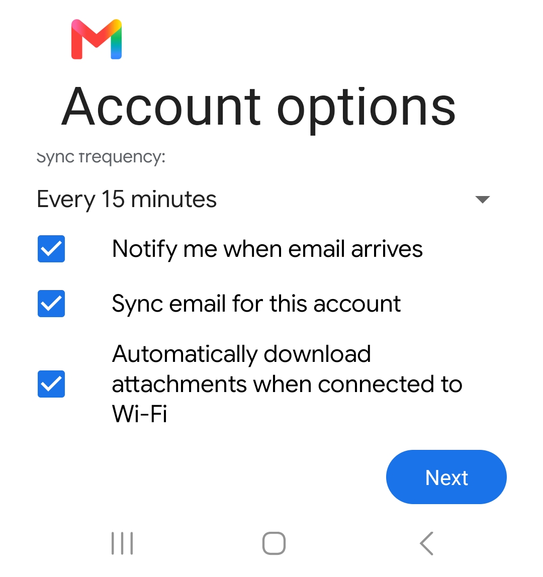 Gmail account options screen with default sync settings