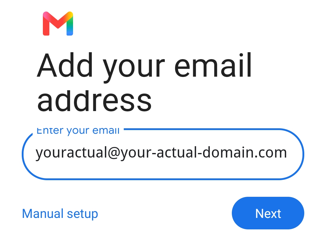 Gmail Add your email address screen with the email entered