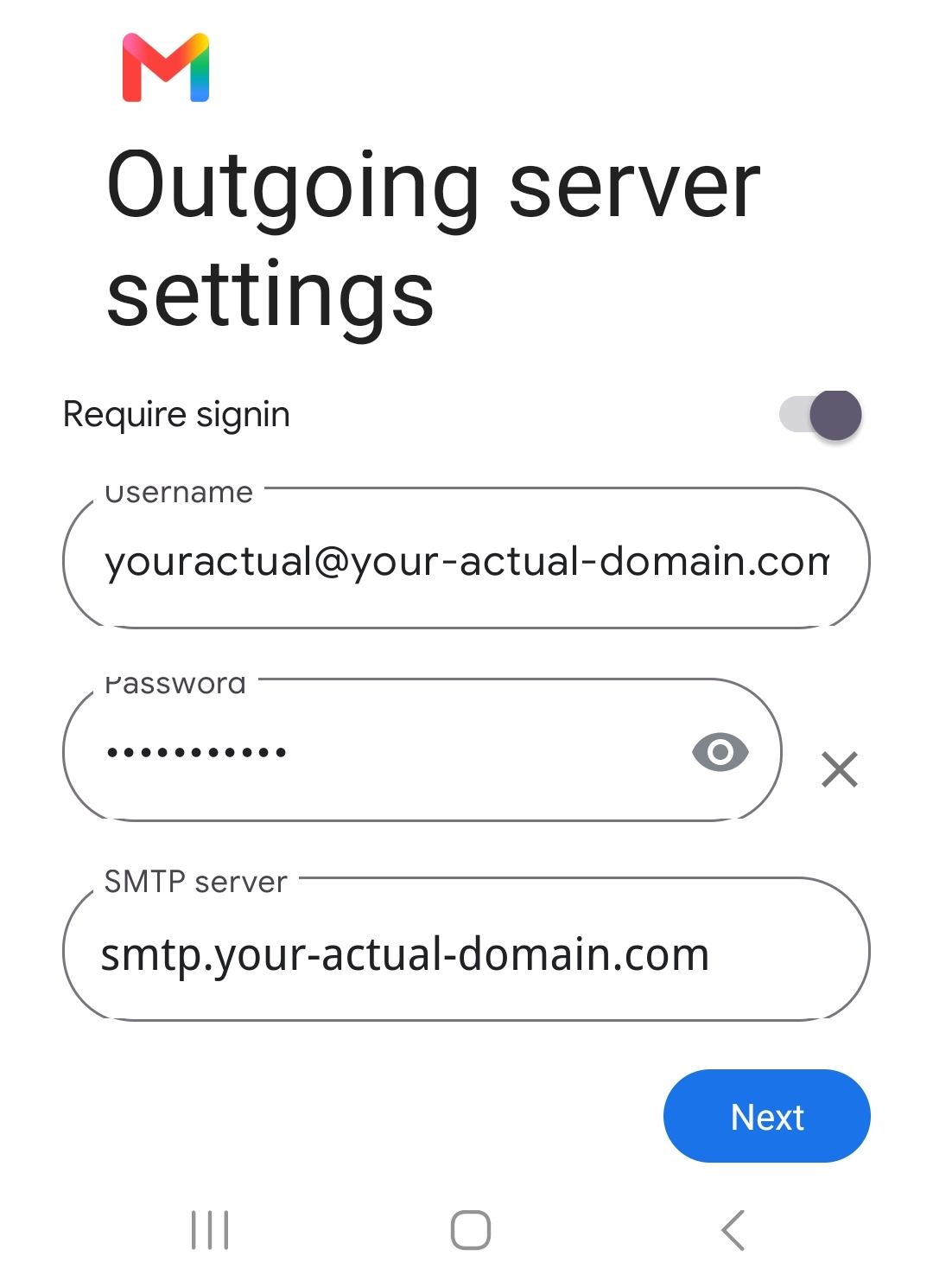 Gmail outgoing server settings with SMTP server set to smtp.your-actual-domain.com