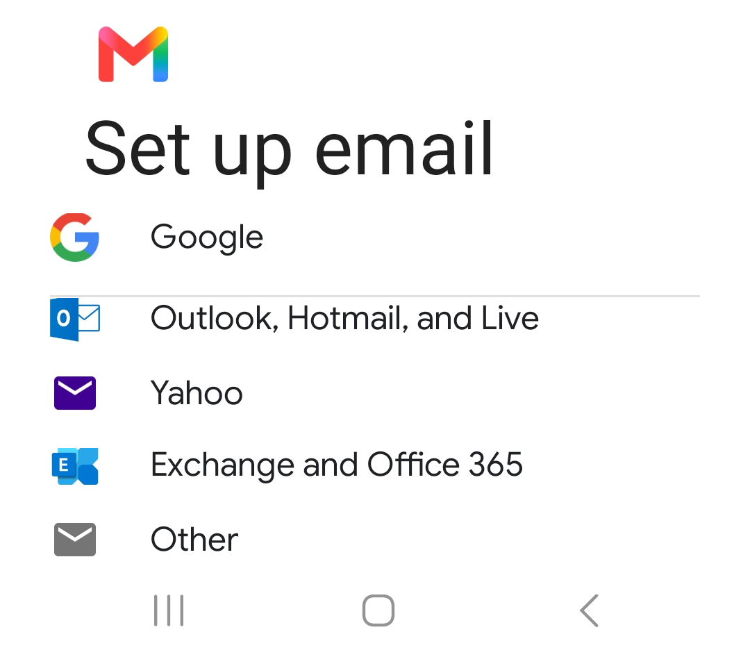 Gmail Set up email screen with account types, choose Other