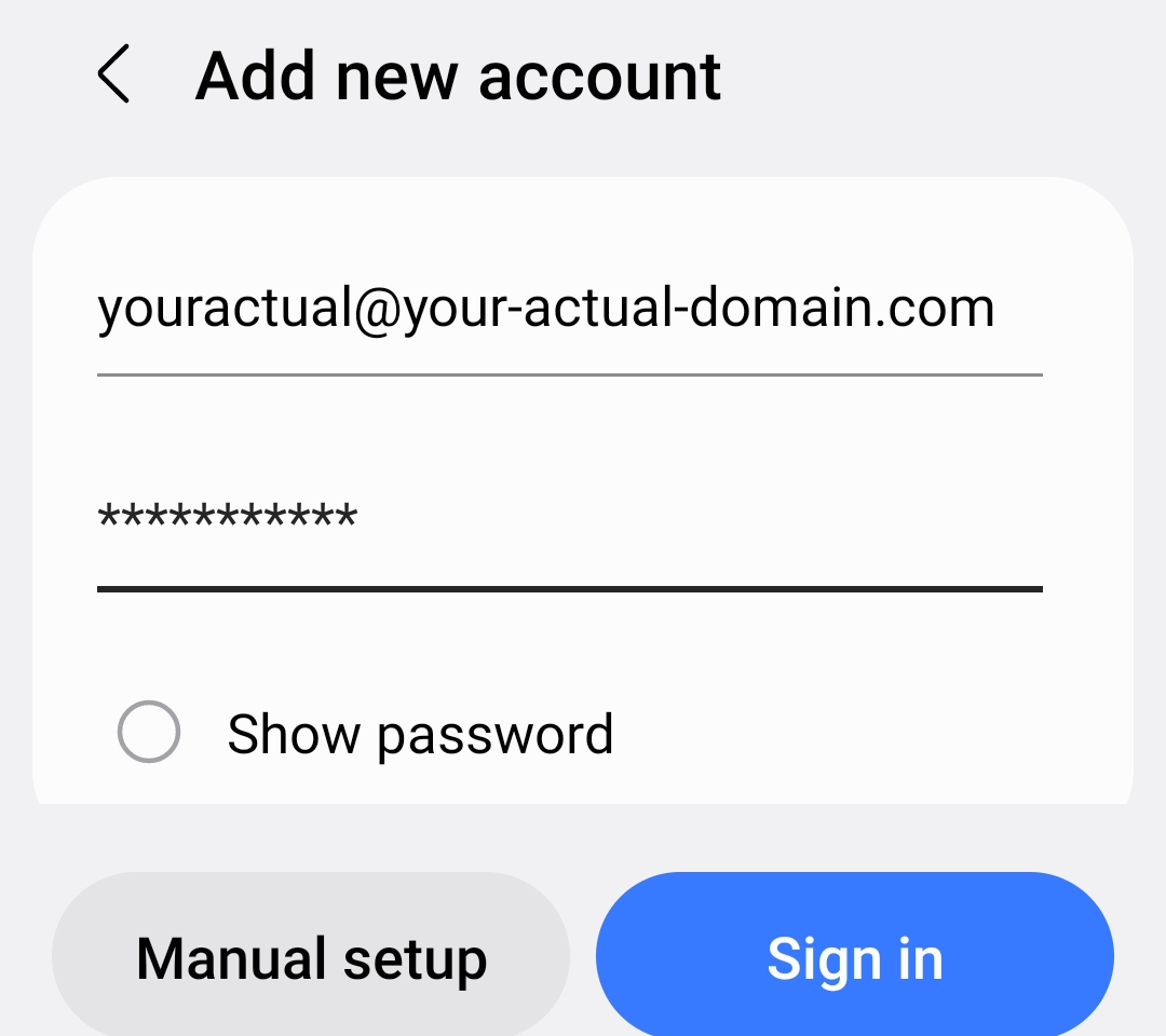 Samsung Email Add new account screen with email and password