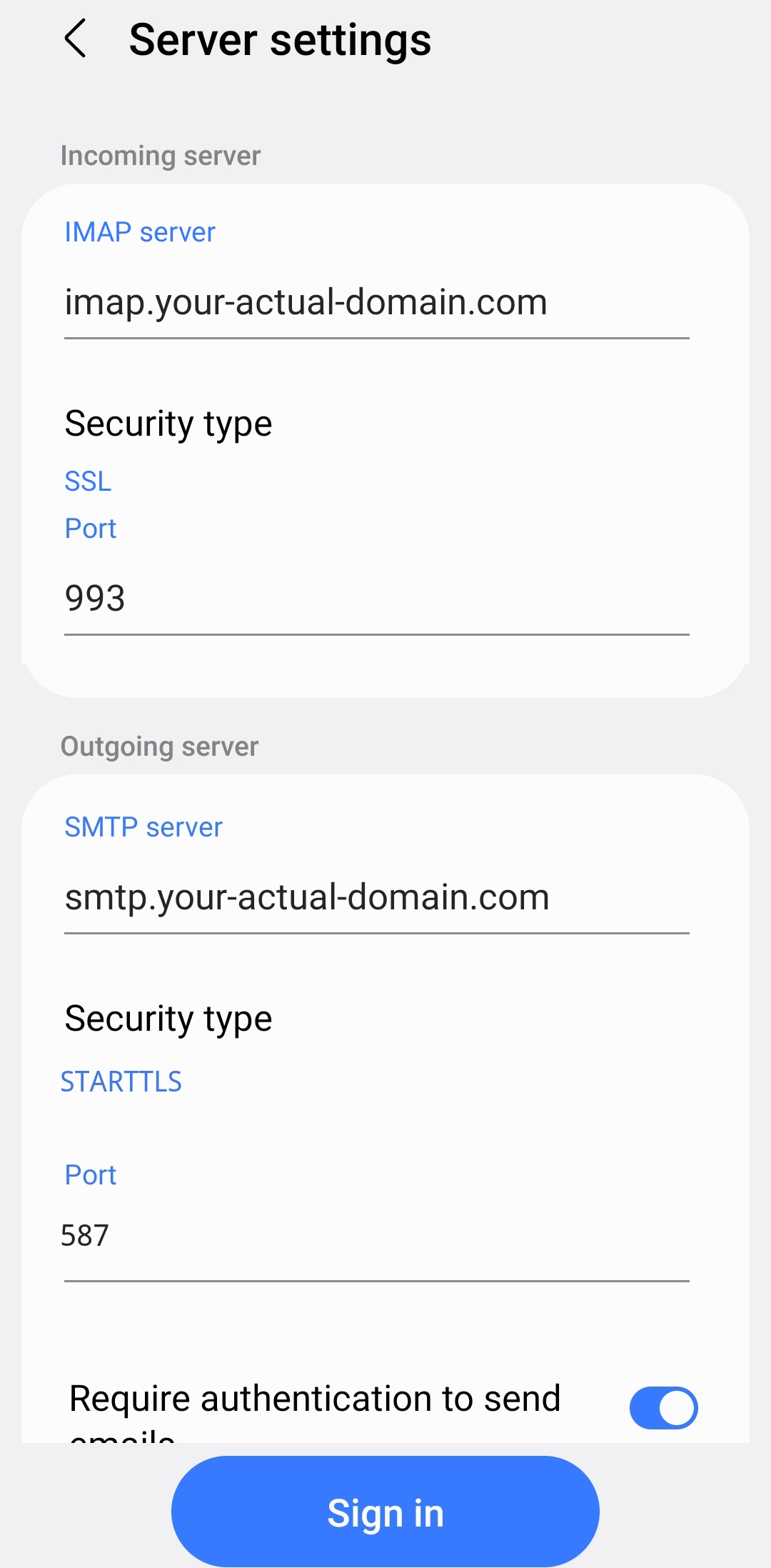 Samsung Email Server settings: IMAP imap. host with SSL/993 and SMTP smtp. host with STARTTLS/587