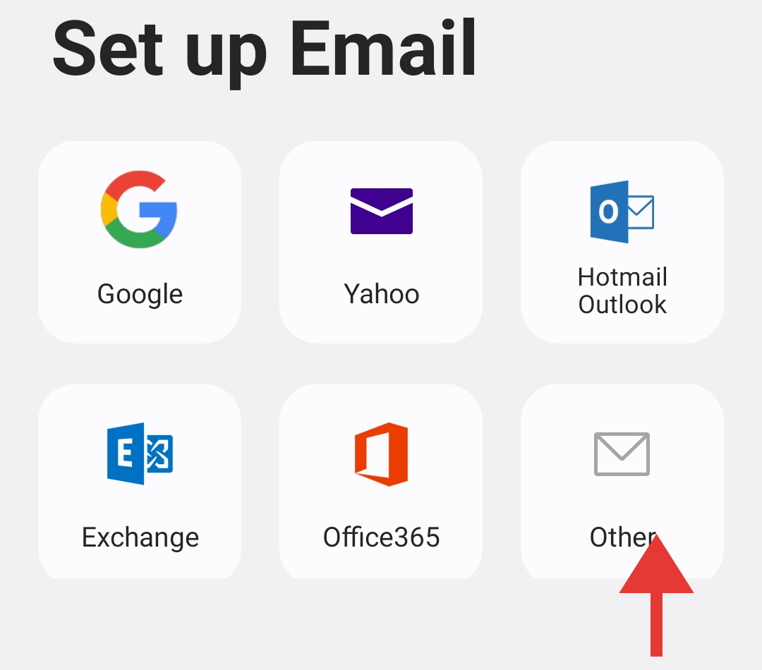 Samsung Email Set up Email screen, choose Other