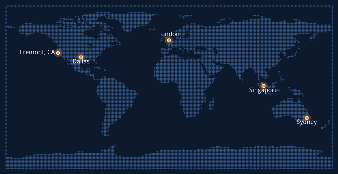 Map of Precision Web / DNSsys global nameserver locations: Fremont, Dallas, London, Singapore and Sydney