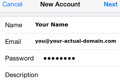 iPhone New Account form with name, email and password