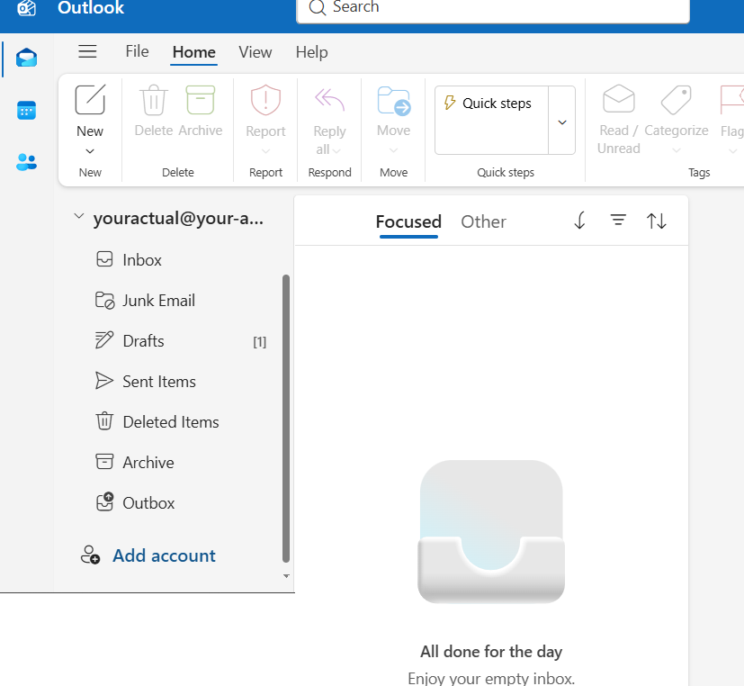 Outlook inbox showing the newly added email account