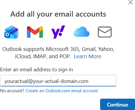Outlook add account screen with email address entered