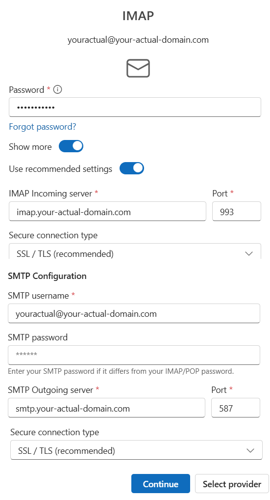 Outlook IMAP and SMTP server settings with mail. incoming and smtp. outgoing