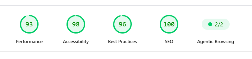 Google PageSpeed mobile scores after our rebuild: Performance 93, Accessibility 98, Best Practices 96, SEO 100